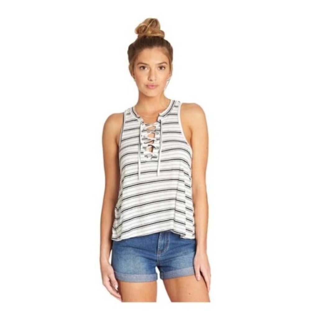 Billabong Let Loose Black & White Lace Up Tank Top L